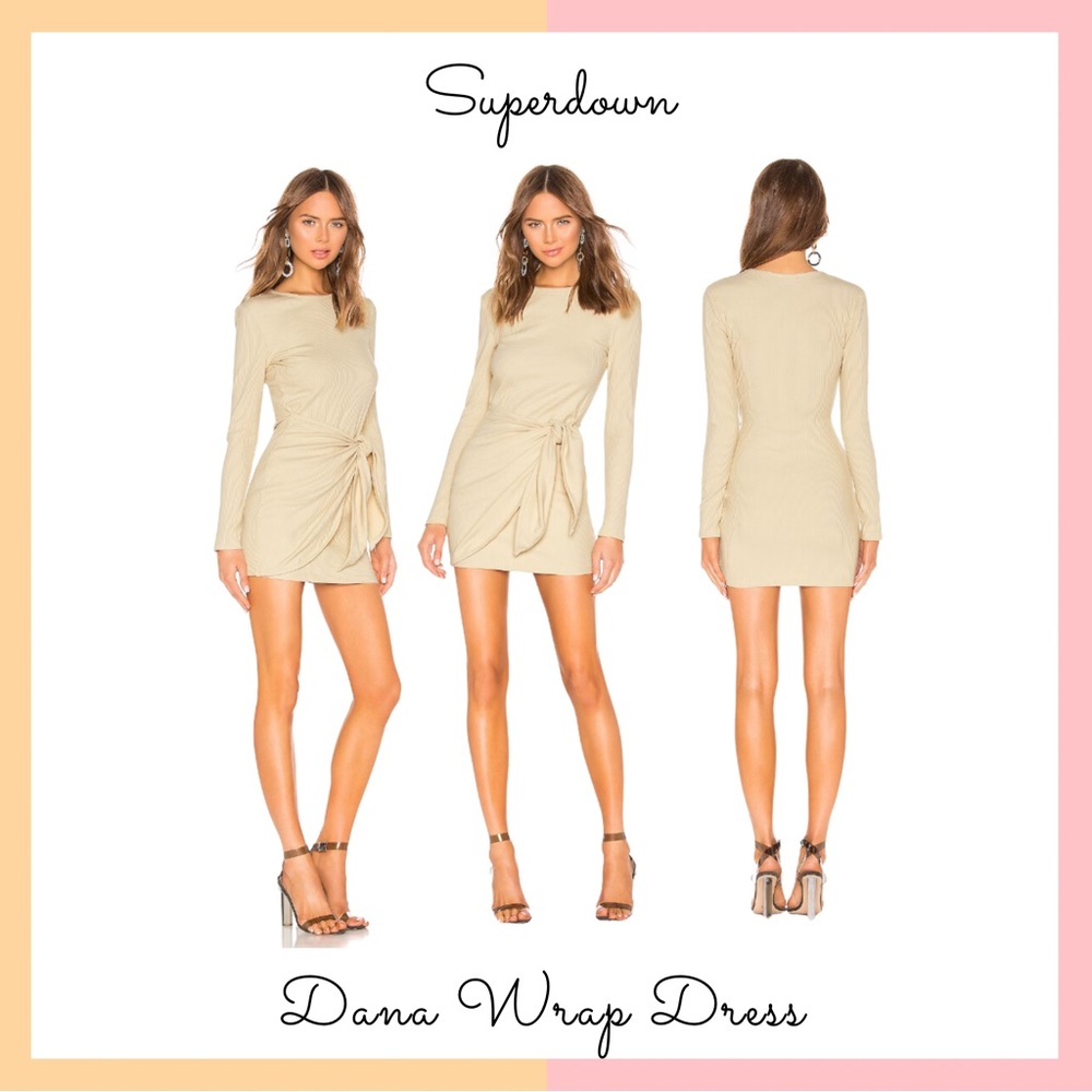 Superdown x Revolve Tan Ribbed Wrap Mini Dress